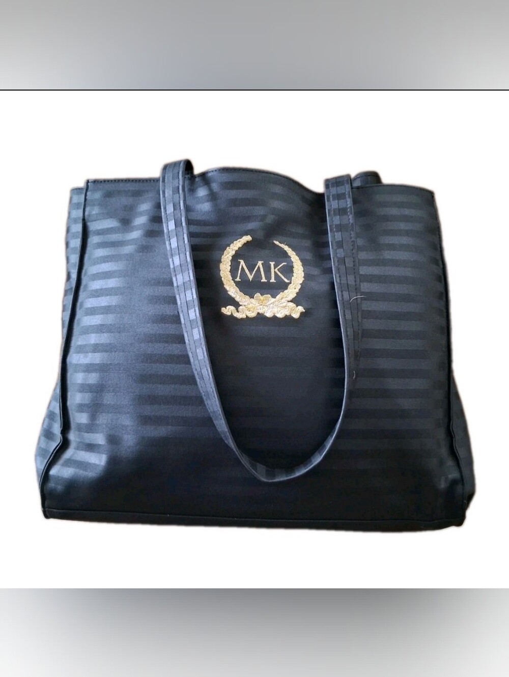 Mary Kay Vintage Black Striped LargeTote Double Handles Gold MK Crest Bag